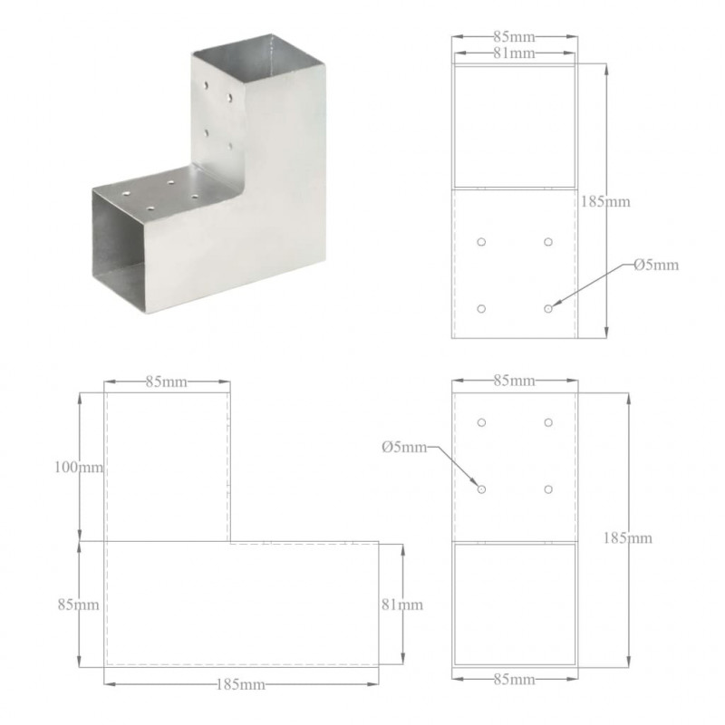 Łączniki w kształcie L, 4 szt., galwanizowany metal, 81x81 mm