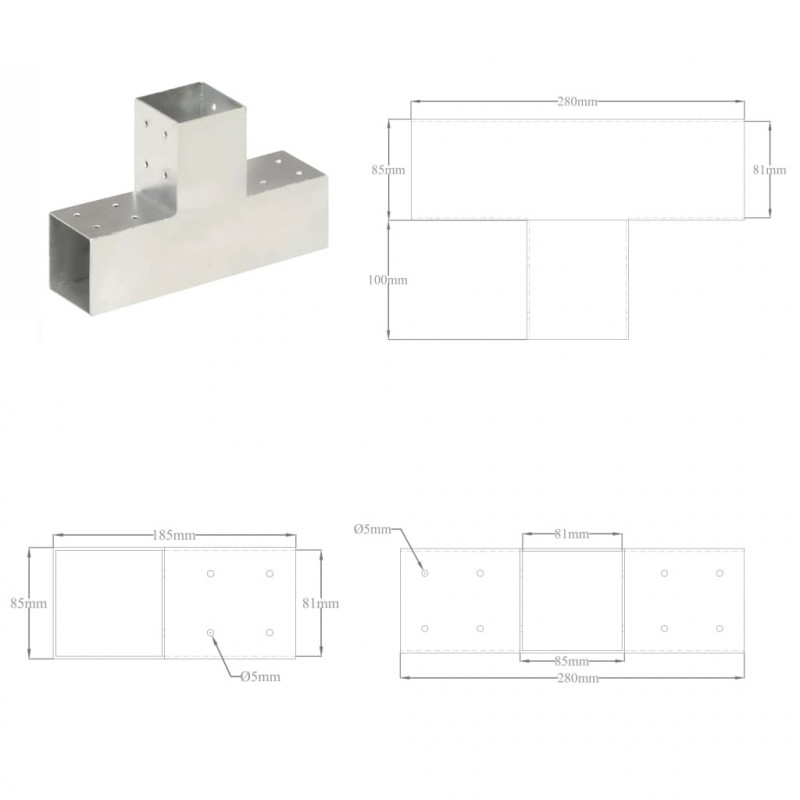 Łącznik do słupków w kształcie T, galwanizowany metal, 81x81 mm