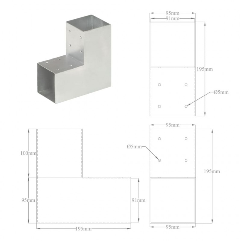 Łącznik do słupków w kształcie L, galwanizowany metal, 91x91 mm