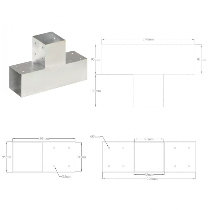 Łącznik do słupków w kształcie T, galwanizowany metal, 91x91 mm