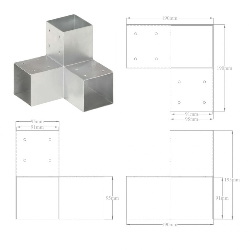 Łączniki w kształcie Y, 4 szt., galwanizowany metal, 91x91 mm