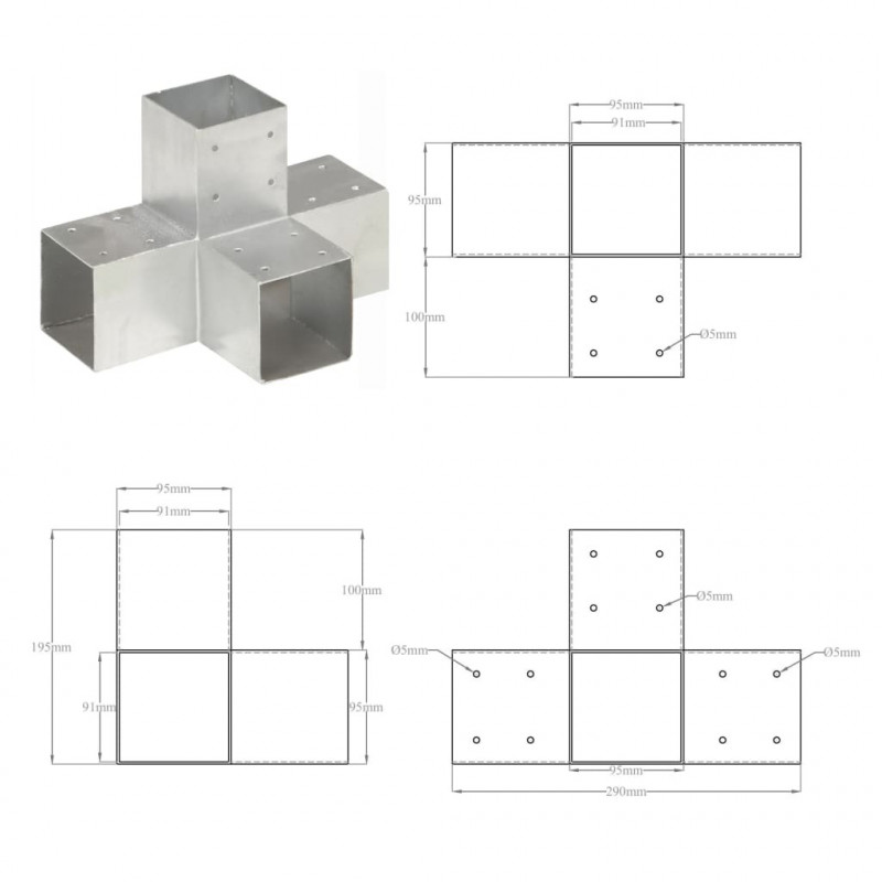 Łącznik do słupków w kształcie X, galwanizowany metal, 91x91 mm