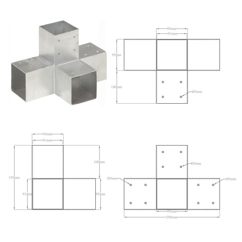 Łączniki w kształcie X, 4 szt., galwanizowany metal, 91x91 mm