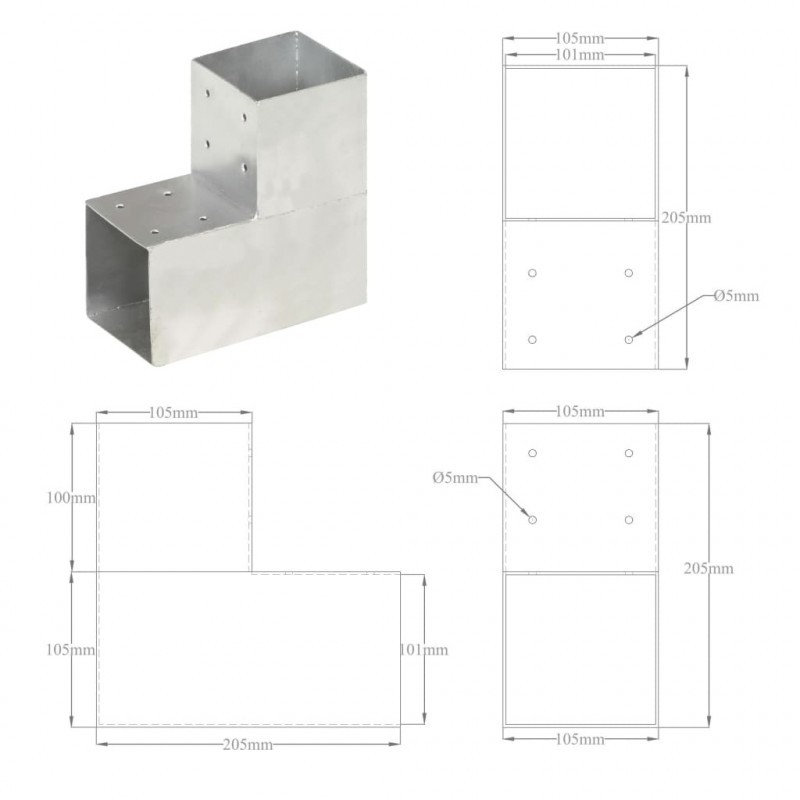 Łączniki w kształcie L, 4 szt., galwanizowany metal, 101x101 mm