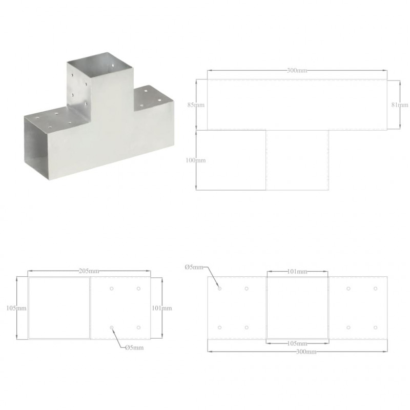 Łącznik w kształcie T, galwanizowany metal, 101x101 mm