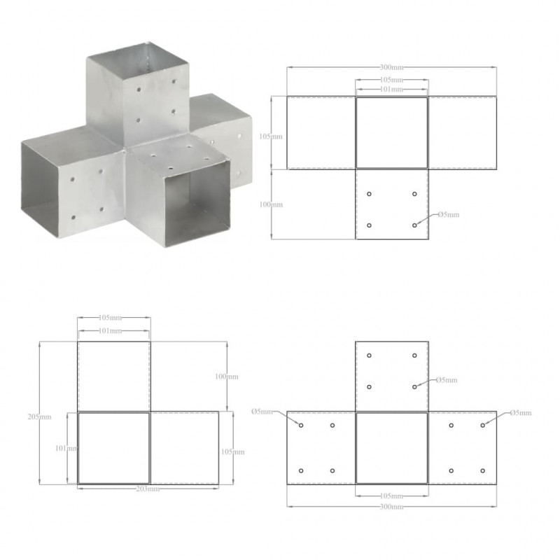 Łącznik w kształcie X, galwanizowany metal, 101x101 mm