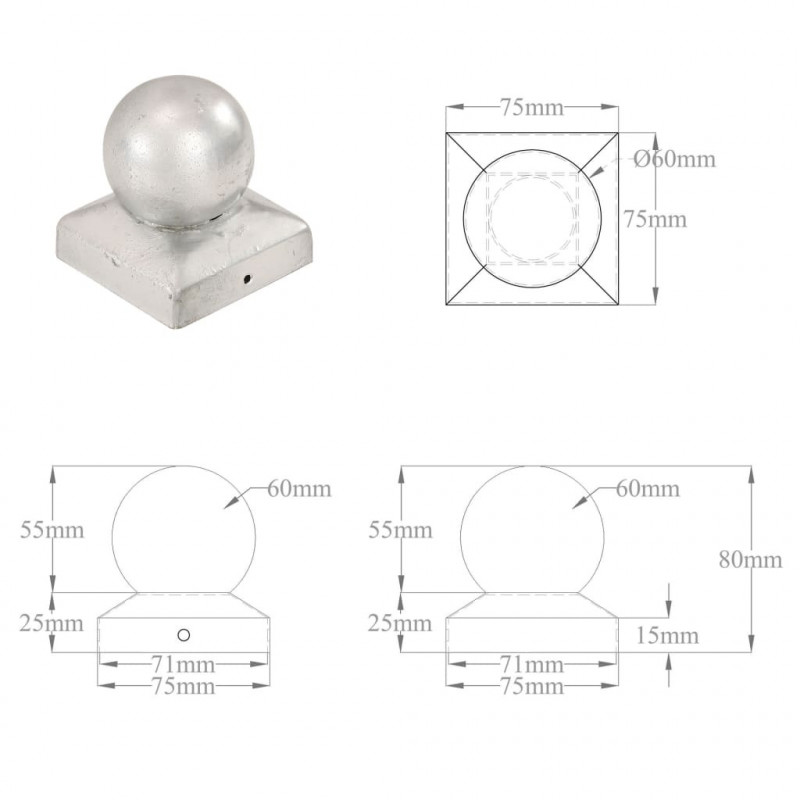 Zatyczki na słupki, 6 szt., kule, galwanizowany metal, 71x71 mm