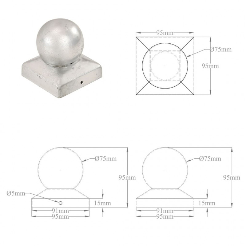 Zatyczki na słupki, 6 szt., kule, galwanizowany metal, 91x91 mm