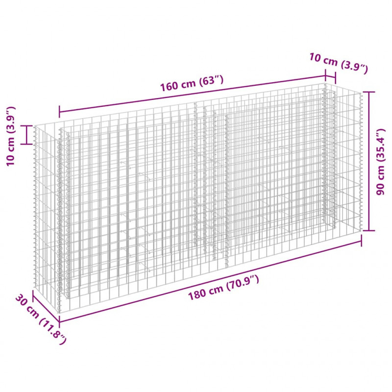 Podwyższona donica gabionowa, galwanizowana stal, 180x30x90 cm