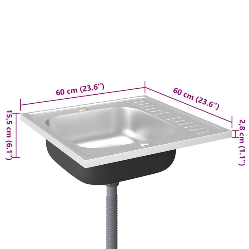 Zlew kuchenny z ociekaczem, srebrny, 600x600x155 mm, stal