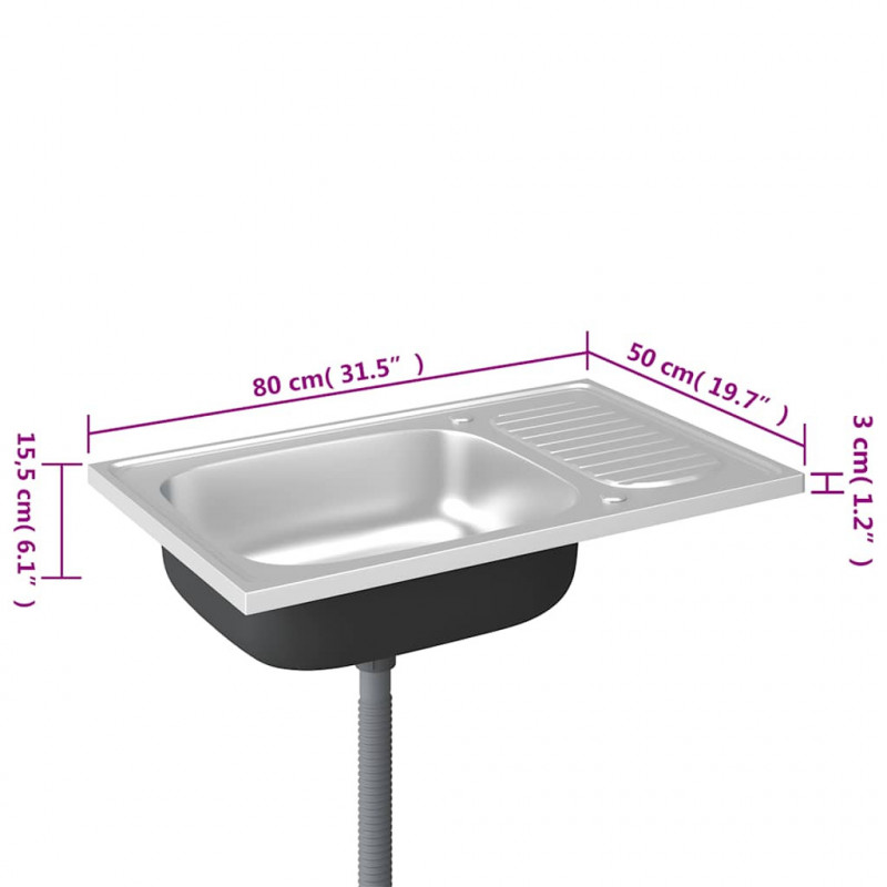 Zlew kuchenny z ociekaczem, srebrny, 800x500x155 mm, stal