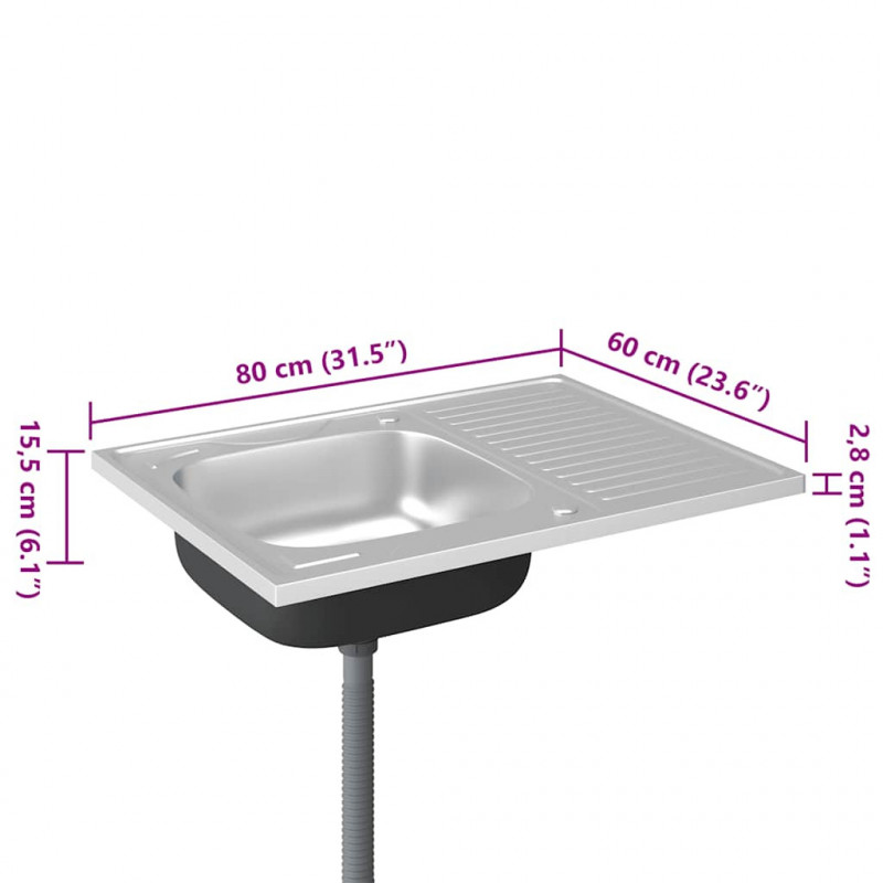 Zlew kuchenny z ociekaczem, srebrny, 800x600x155 mm, stal