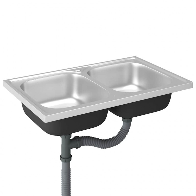Zlew kuchenny dwukomorowy, srebrny, 800x500x155 mm, stal