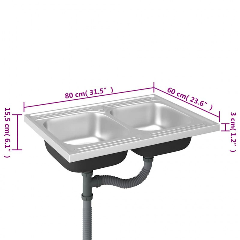 Zlew kuchenny dwukomorowy, srebrny, 800x600x155 mm, stal