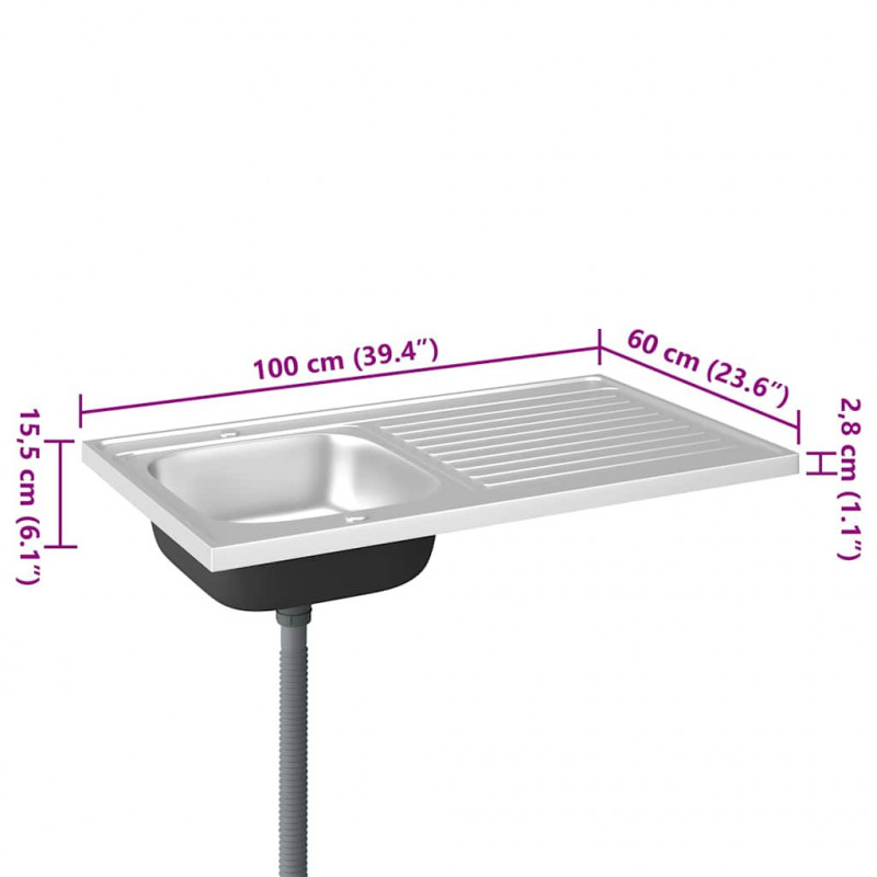 Zlew kuchenny z ociekaczem, srebrny, 1000x600x155 mm, stal