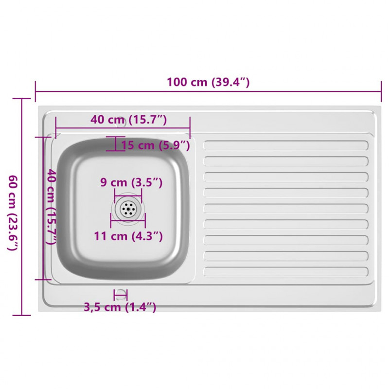 Zlew kuchenny z ociekaczem, srebrny, 1000x600x155 mm, stal