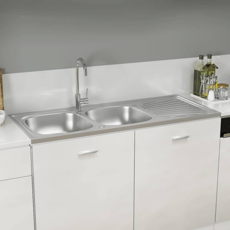 Zlew kuchenny dwukomorowy, srebrny, 1200x500x155 mm, stal