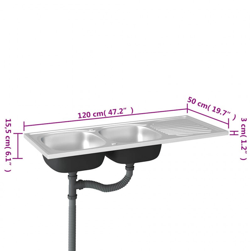 Zlew kuchenny dwukomorowy, srebrny, 1200x500x155 mm, stal