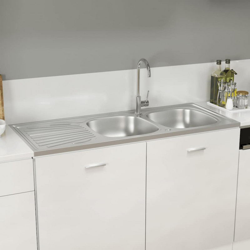 Zlew kuchenny dwukomorowy, srebrny, 1200x600x155 mm, stal
