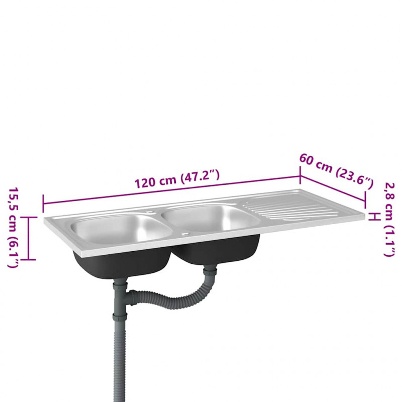 Zlew kuchenny dwukomorowy, srebrny, 1200x600x155 mm, stal