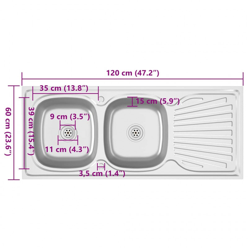Zlew kuchenny dwukomorowy, srebrny, 1200x600x155 mm, stal