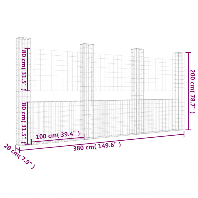 Ogrodzenie gabionowe z 4 słupkami, żelazo, 380x20x200 cm