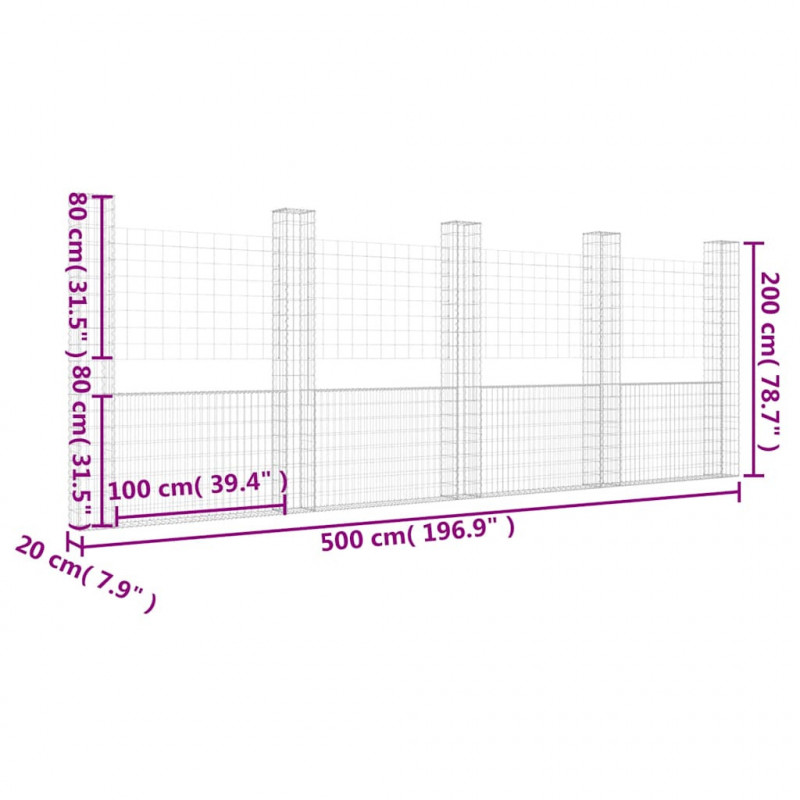 Ogrodzenie gabionowe z 5 słupkami, żelazo, 500x20x200 cm
