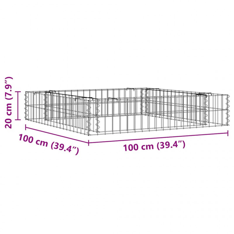 Podwyższona donica gabionowa, galwanizowana stal, 100x100x20 cm