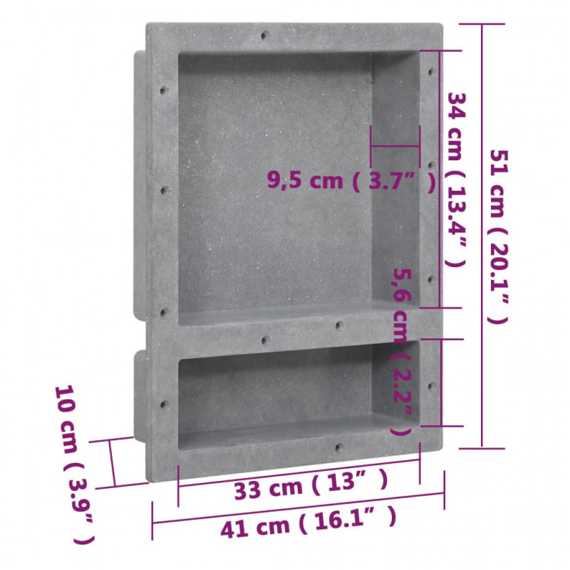 Wnęka prysznicowa z 2 półkami, szara matowa, 41x51x10 cm