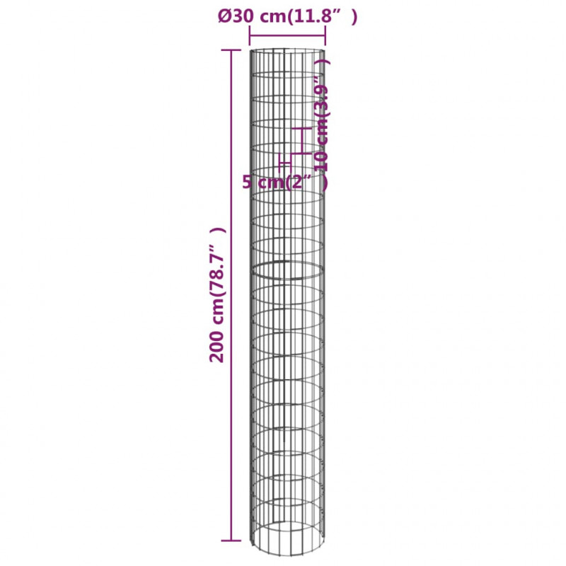 Okrągły słup gabionowy, galwanizowana stal, Ø30x200 cm