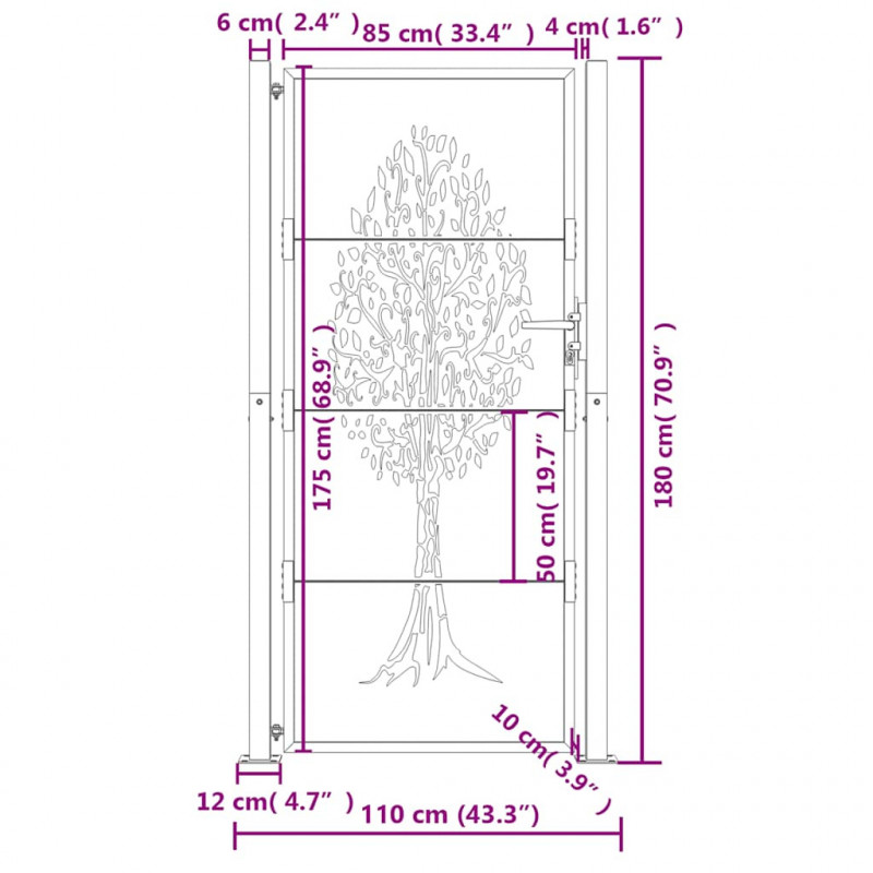 Furtka ogrodowa, antracytowa, 100x175 cm, stal, motyw drzewa