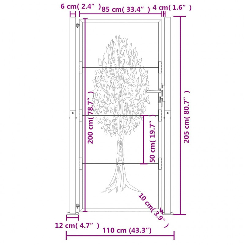 Furtka ogrodowa, antracytowa, 100x200 cm, stal, motyw drzewa