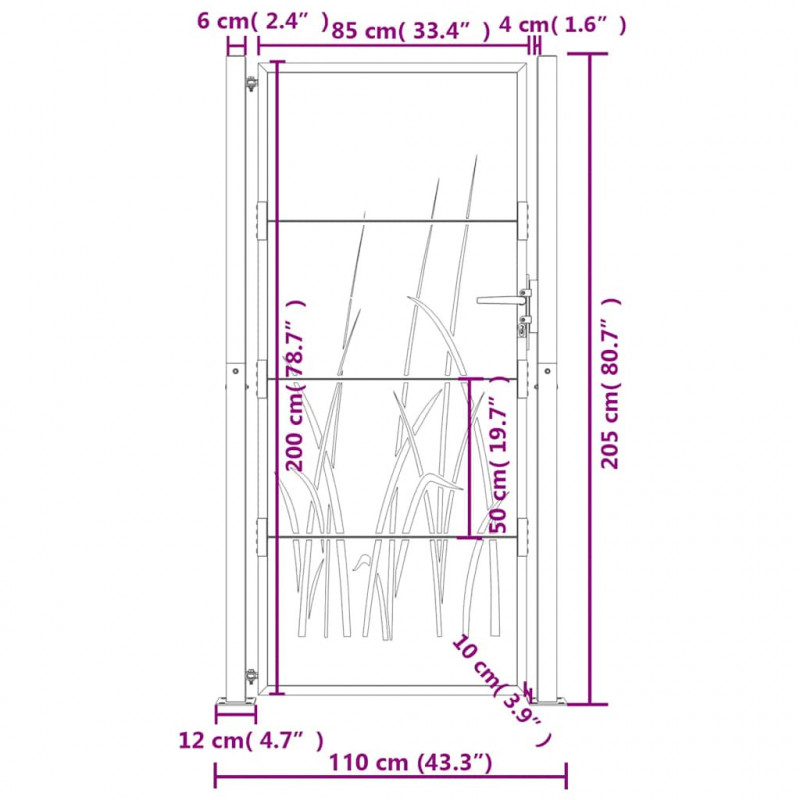 Furtka ogrodowa, antracytowa, 100x200 cm, stal, motyw trawy