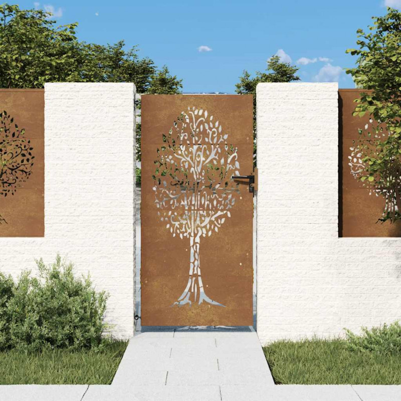 Furtka ogrodowa, 85x200 cm, stal kortenowska, motyw drzewa