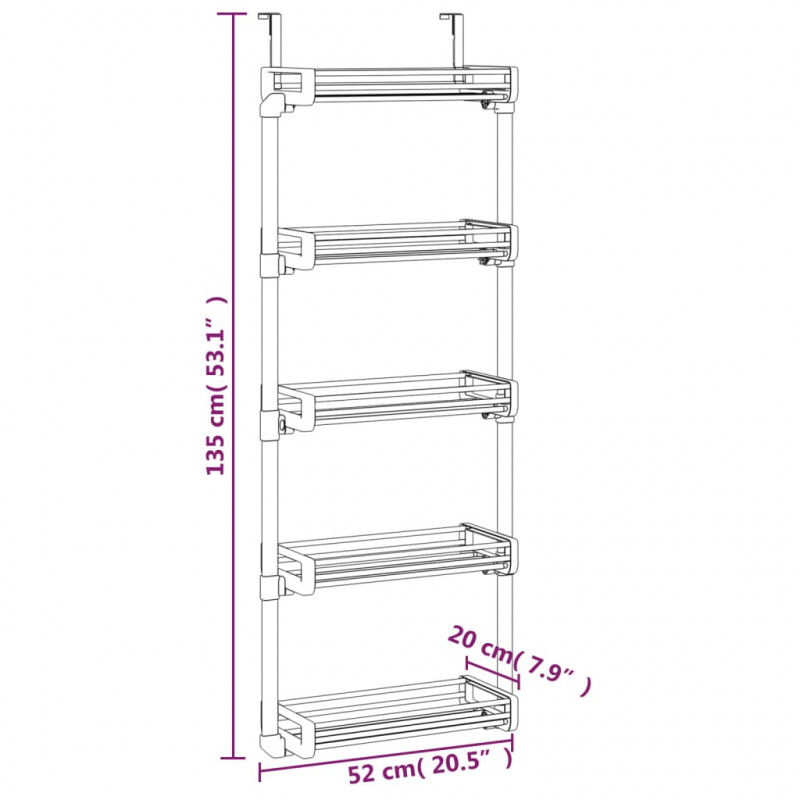 Organizer na drzwi z 5 półkami, 52x20x135 cm, aluminium