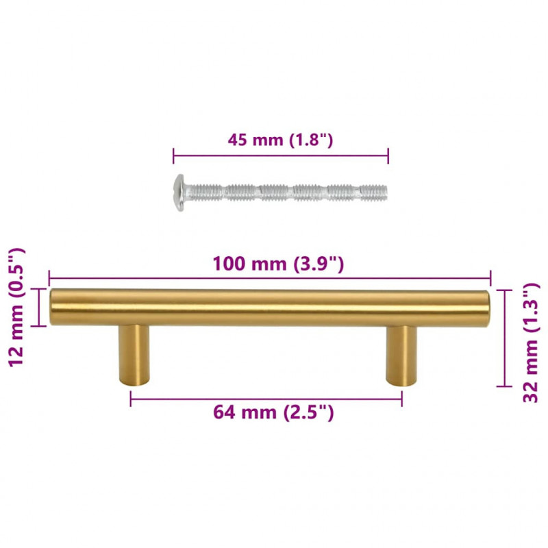 Uchwyty do szafek, 10 szt., złote, 64 mm, stal nierdzewna