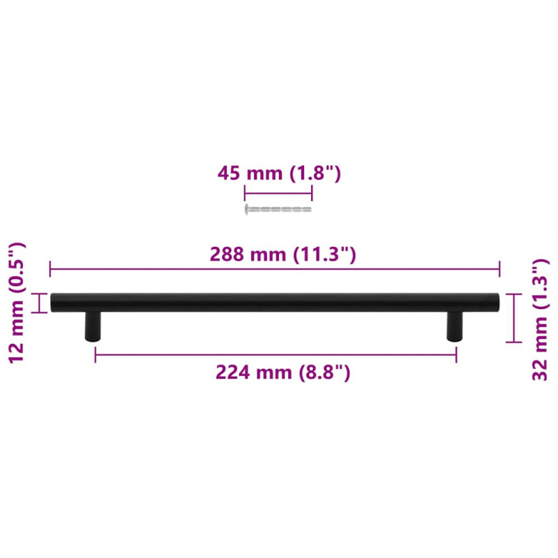 Uchwyty do szafek, 5 szt., czarne, 224 mm, stal nierdzewna