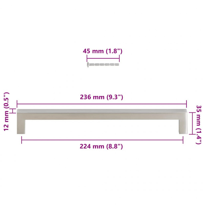 Uchwyty do szafek, 5 szt., srebrne, 224 mm, stal nierdzewna