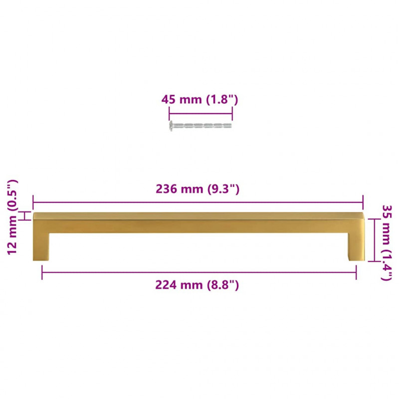 Uchwyty do szafek, 5 szt., złote, 224 mm, stal nierdzewna
