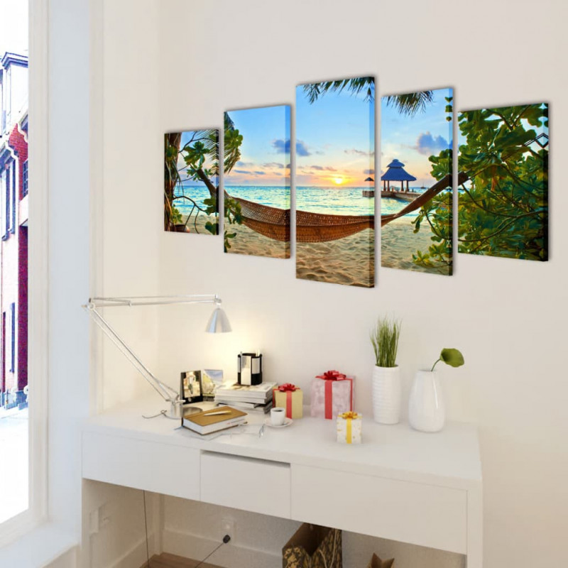 Zestaw obrazów Canvas 100 x 50 cm Plaża i Hamak
