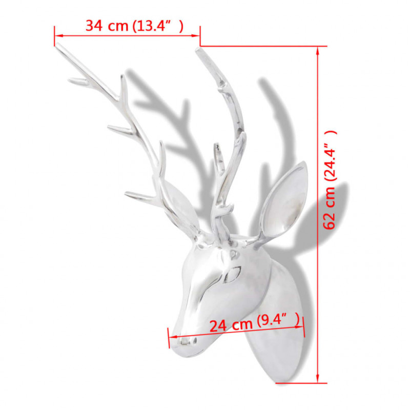 Ozdobna głowa jelenia, dekoracja z aluminium, srebrna, 62 cm