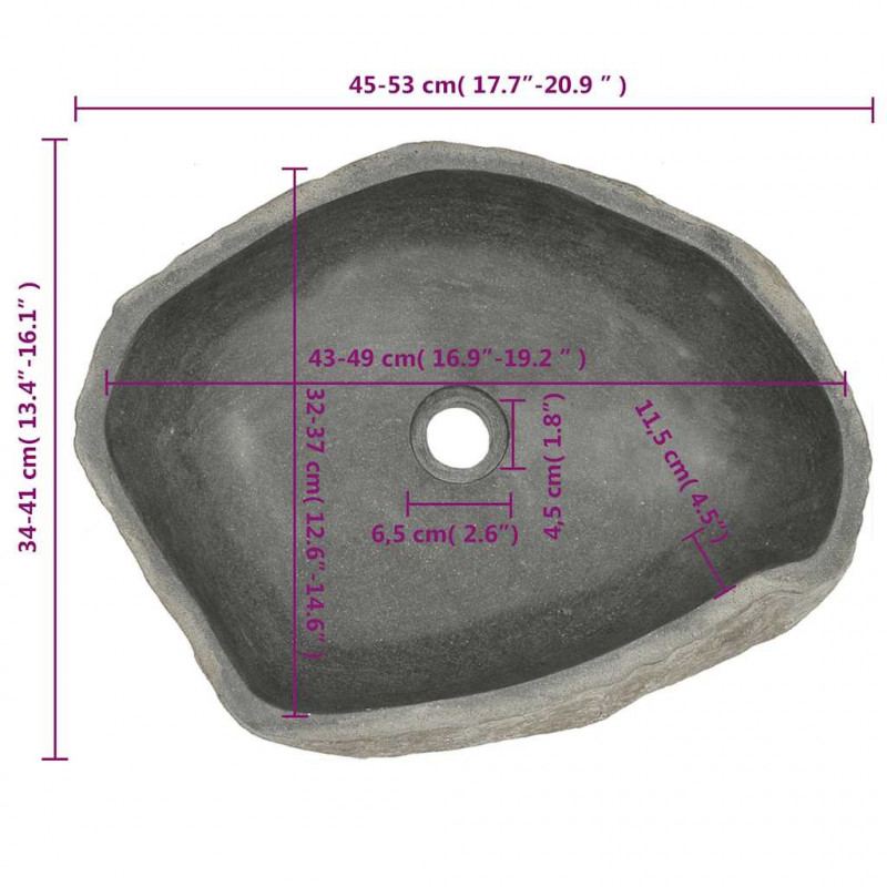 Umywalka z kamienia rzecznego, owalna, (45-53)x(34-41) cm