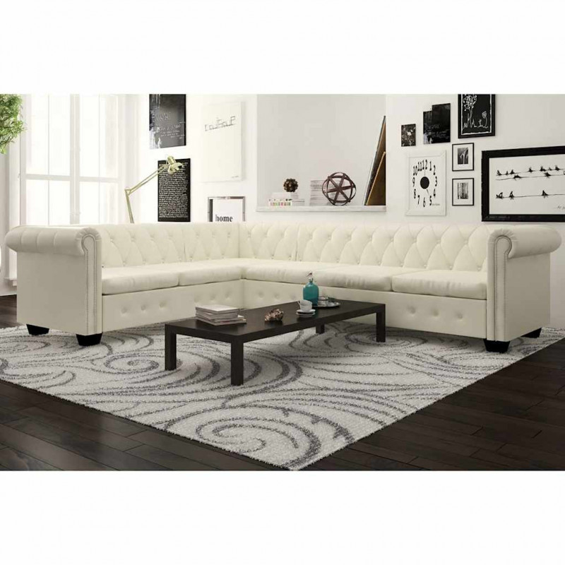 Sofa Chesterfield sześcioosobowa biała, sztuczna skóra