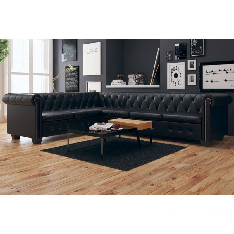 Sofa rogowa Chesterfield sześcioosobowa czarna, sztuczna skóra