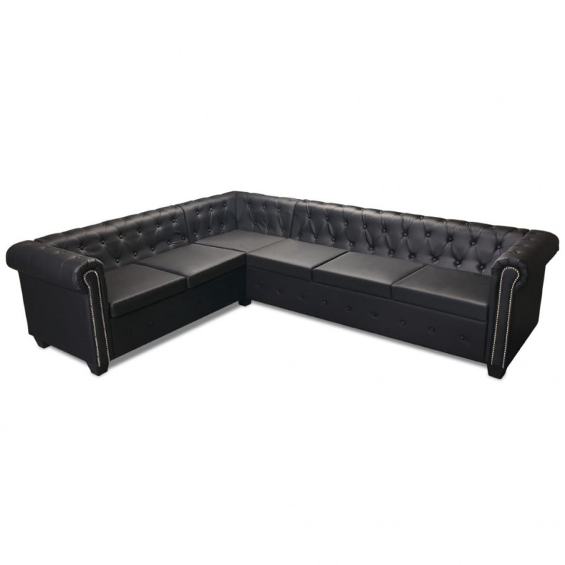 Sofa rogowa Chesterfield sześcioosobowa czarna, sztuczna skóra