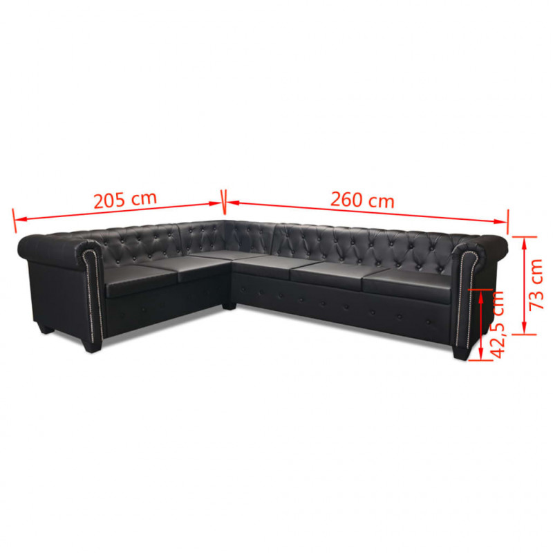 Sofa rogowa Chesterfield sześcioosobowa czarna, sztuczna skóra