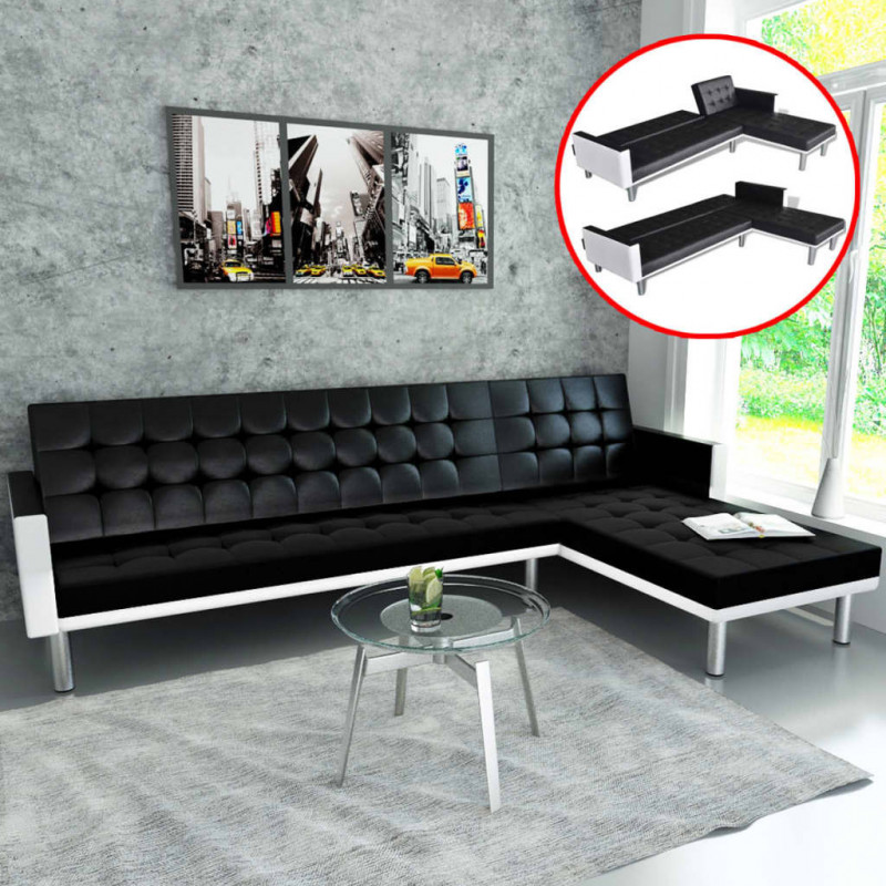 Sofa narożna z funkcją rozkładania, sztuczna skóra, czarna
