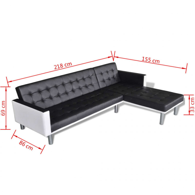 Sofa narożna z funkcją rozkładania, sztuczna skóra, czarna