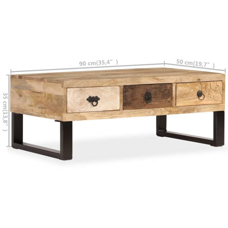 Stolik kawowy z 3 szufladami, lite drewno mango, 90x50x35 cm