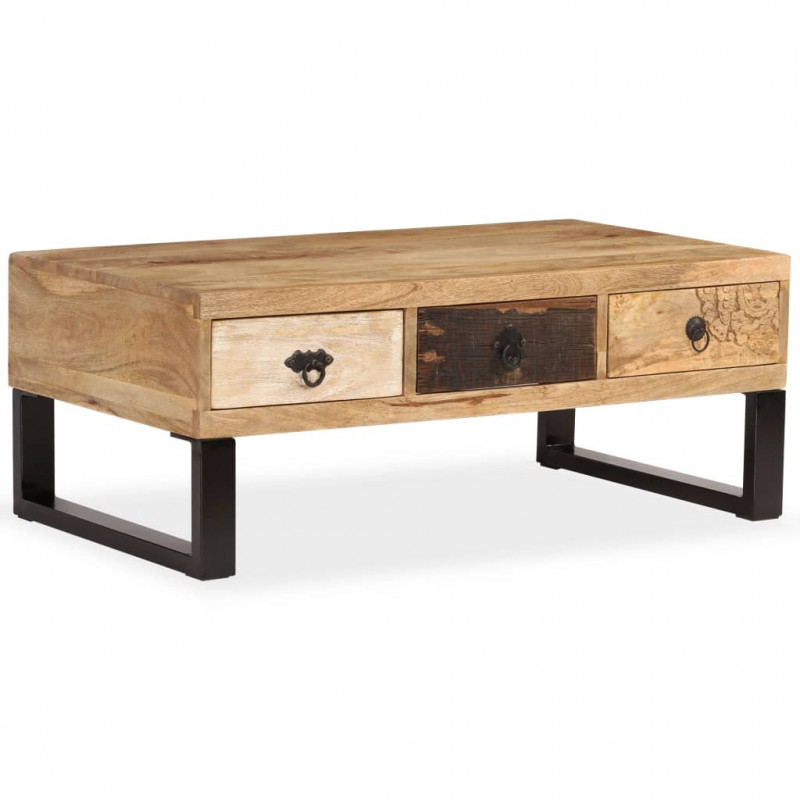 Stolik kawowy z 3 szufladami, lite drewno mango, 90x50x35 cm